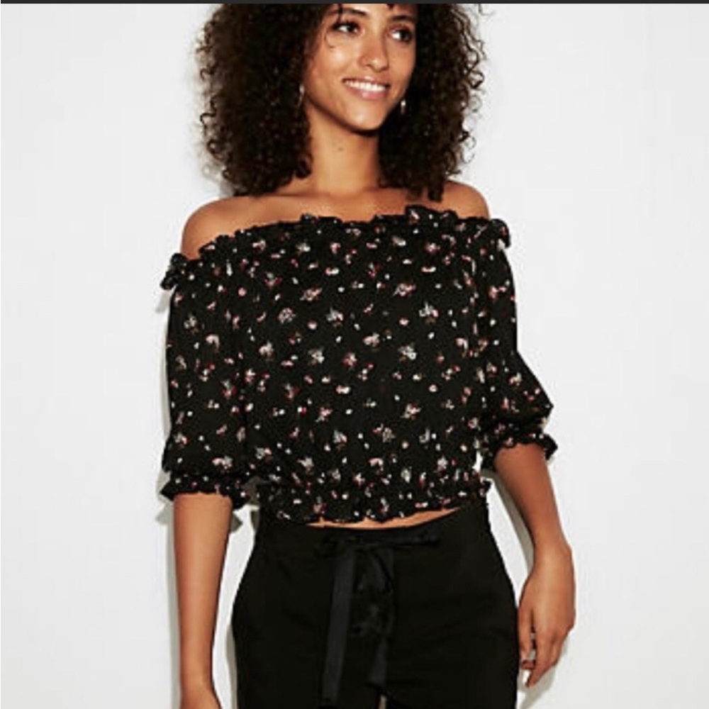 Express size small NWT, black off the shoulder, ruffle & floral crop top